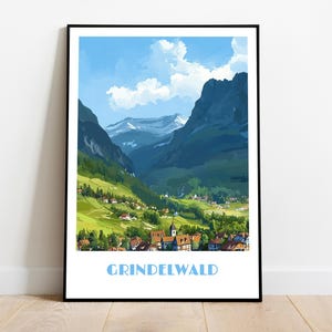 Handmade poster of GRINDELWALD in Switzerland -  wall art modern travel poster framed home made decor gift illustration print painting