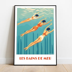 Handmade SEA BAINS poster -  wall art retro travel poster framed birthday home made decor gift vector illustration print painting  custom