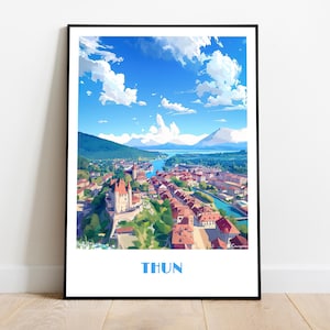 Handmade poster of THUN Switzerland -  wall art modern travel poster framed interlaken home made decor gift illustration print painting