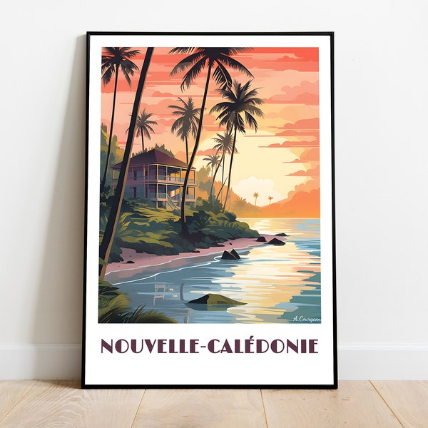 Affiche de NOUVELLE-CALEDONIE fait main (wall art, retro travel poster, framed France home made decor gift, vector illustration print)