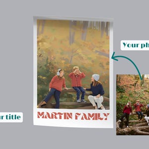 Peut inclure: Illustration d'un portrait de famille dans un cadre forestier. L'image montre deux enfants et un adulte assis sur une bûche. Le texte "MARTIN FAMILY" est affiché dans une police stylisée en bas.