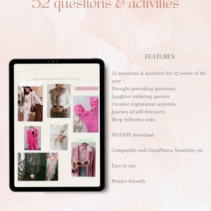May include: A digital tablet screen displaying a printable planner with 52 questions and activities for 52 weeks of the year. The planner features a photo dump of outfits from 2023. The text "2023 outfits" is visible on the screen. The planner is compatible with GoodNotes and Notability.