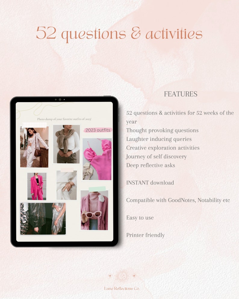 May include: A digital tablet screen displaying a printable planner with 52 questions and activities for 52 weeks of the year. The planner features a photo dump of outfits from 2023. The text "2023 outfits" is visible on the screen. The planner is compatible with GoodNotes and Notability.