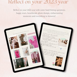 May include: A digital planner with a pink and white floral design. The planner has a section for reflecting on the year 2023 with prompts for personal growth and reflection. The planner also includes a section for a photo dump of favorite outfits from the year.