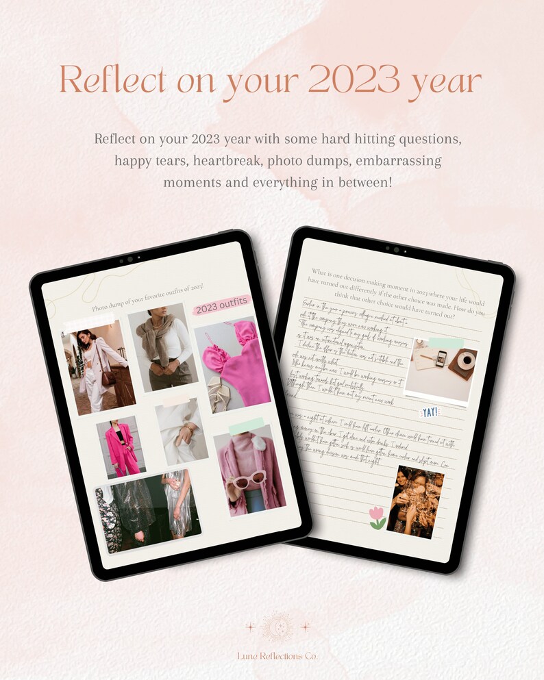 May include: A digital planner with a pink and white floral design. The planner has a section for reflecting on the year 2023 with prompts for personal growth and reflection. The planner also includes a section for a photo dump of favorite outfits from the year.