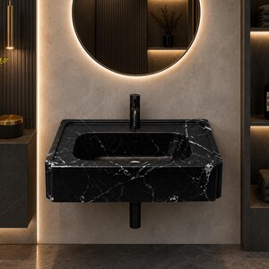 Handmade Black Nero Marquina Marble Wall Mounted Bathroom Sink Floating Luxury Natural Stone Wash Basin