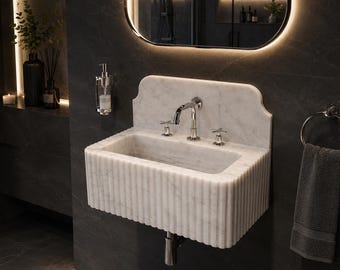 Hand-Carved Carrara Marble Vessel Sink, White Natural Stone Bathroom Basin