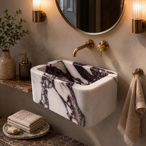 Calacatta Viola Marble Sink, Wall Mount Stone Basin, Luxury Powder Room Vanity