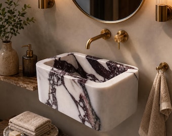 Marmeren wastafel Calacatta, altvioolwastafel, natuurstenen wastafel, luxe toilettafel