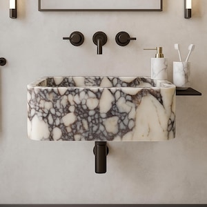 Lavandino in marmo Calacatta – Mobiletto a parete – Lavandino sospeso moderno per bagno – Lusso fatto a mano – Mobiletto per bagno