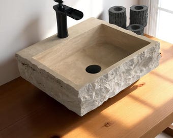 Handmade Travertine Sink: Rustic Split Face Bathroom Vanity Sink