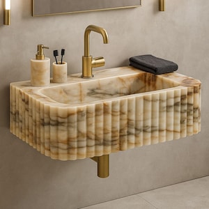 Calacatta Macchia Vecchia Marble Bathroom Sink Vessel Sink Stone Vanity Basin Wall Mounted or Countertop Modern Ribbed Custom Marble Sink