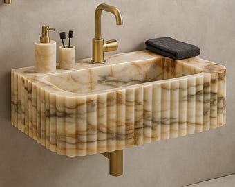 Ribbed Calacatta Marble Sink, Stone Vessel Basin, Luxury Powder Room