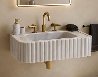 Hand-Carved White Marble Bathroom Sink: Rectangular Vessel, Customizable