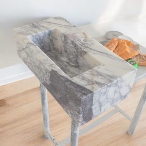 Hand-Carved White Marble Sink: Gray Veins, Wall Mount or Countertop by MarbleSinkCo