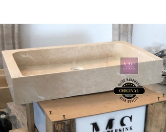 Handcrafted Beige Marble Bathroom Sink: Wall Mount or Vanity