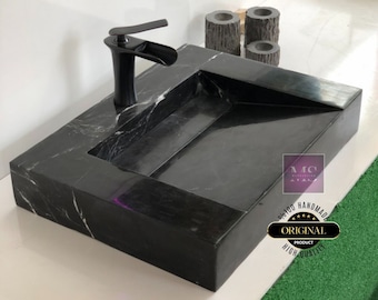 Handcrafted Nero Marquina Marble Sink: Black Stone Bathroom Vanity by MarbleSinkCo