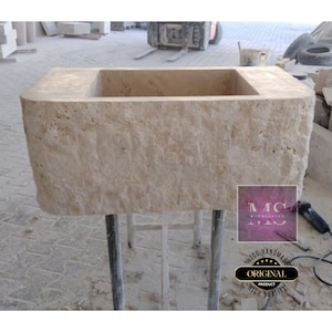 Travertine Rough Chiseled Sink Wall Mount Travertine Sink Marble Bathroom Sink Powder Room Sink Custom Wall Mount Sink with Rough Apron Sink