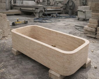 Travertine Bathtub 63in 160cm Freestanding Soaking Tub Hand Carved Monolithic Natural Stone Bath Tub Luxury Spa Custom Size by MarbleSinkCo