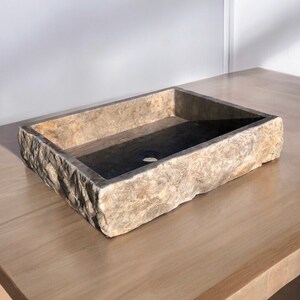 Rustic Travertine Wall Mount Sink – Natural Stone Vessel Sink – Hand-Carved Rectangle Bathroom Vanity – Modern Minimalist Basin