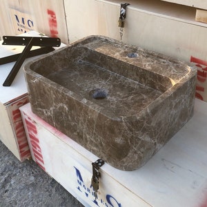Handcrafted Emperador Dark Marble Vessel Sink: Rectangular Bathroom Basin by MarbleSinkCo