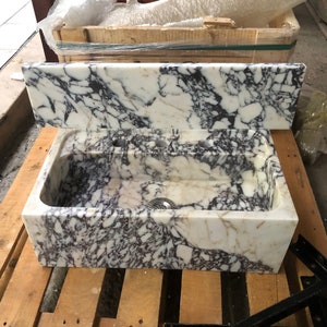 Calacatta Viola Marble Sink, Floating Sink With Backsplash, Marble Sink Vanity, Powder Room Sink, Wall Mounted Sink, Bathroom Sink #etsy