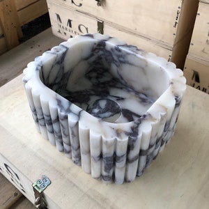 Calacatta Viola Marble Sink with Four-Side Grooves - Dimensions: 25cm x 30cm x 15cm (10&quot; x 12&quot; x 6&quot;) - Elegant Bathroom Vanity Sink