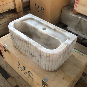 Ready-to-Ship Elegant Calacatta Marble Bathroom Sink – Wall-Mounted or Vanity Top