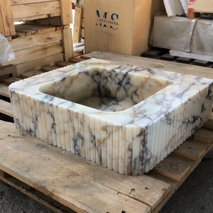 Calacatta Viola Marble Sink, Fluted Wall Mounted Bathroom Vanity, Custom Natural Stone Basin by MarbleSinkCo