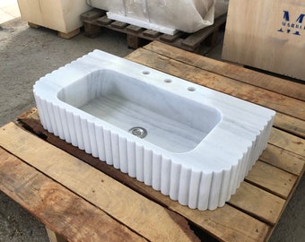 Handcrafted Carrara Marble Sink: Wall Mounted Bathroom Vessel by MarbleSinkCo