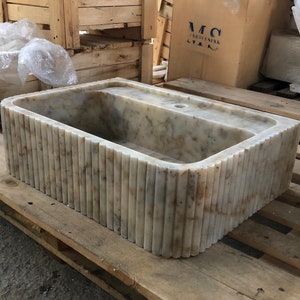 Calacatta Viola Marble Fluted Sink: Wall Mount Bathroom Vanity by MarbleSinkCo