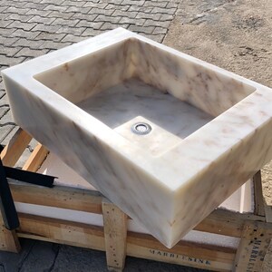 Calacatta Bathroom Sink: Rectangular Stone Vanity Luxury Bathroom by MarbleSinkCo