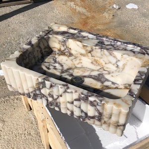 Handcrafted Calacatta Marble Sink: Square Fluted Vanity Basin by MarbleSinkCo