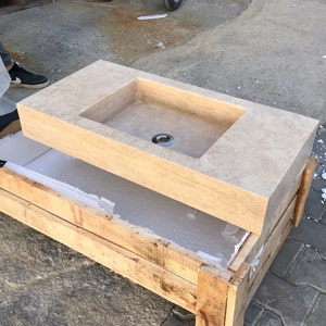 Travertine Sink: Rustic Vanity Vessel, 31.5" Bathroom Vanity by MarbleSinkCo