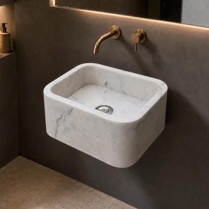 Carrara White Marble Sink, Wall Mounted Stone Basin, Custom Size Vessel Sink by MarbleSinkCo