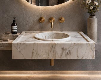 Calacatta Goldmarmor Waschbecken, Wandhalterung Stein Eitelkeit, handgefertigtes Gefäßbecken