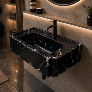 Handmade Black Marble Wall Mounted Sink | Nero Marquina Floating Bathroom Sink | Luxury Natural Stone Vanity | Custom Wall Hung Wash Basin by MarbleSinkCo