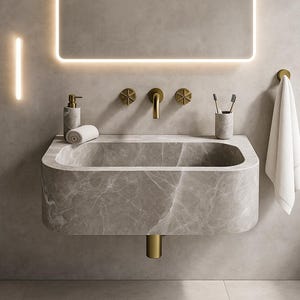 Custom Marble Sink Wall Mounted or Vanity Top Bathroom Sink Hand-Carved Natural Stone Powder Room Sink Emperador Marble  Custom Vanity