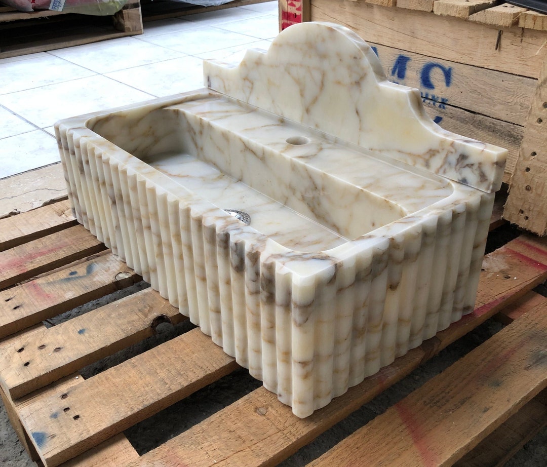 Hand Carved Calacatta Gold Marble Sink: Wall Mount Vanity