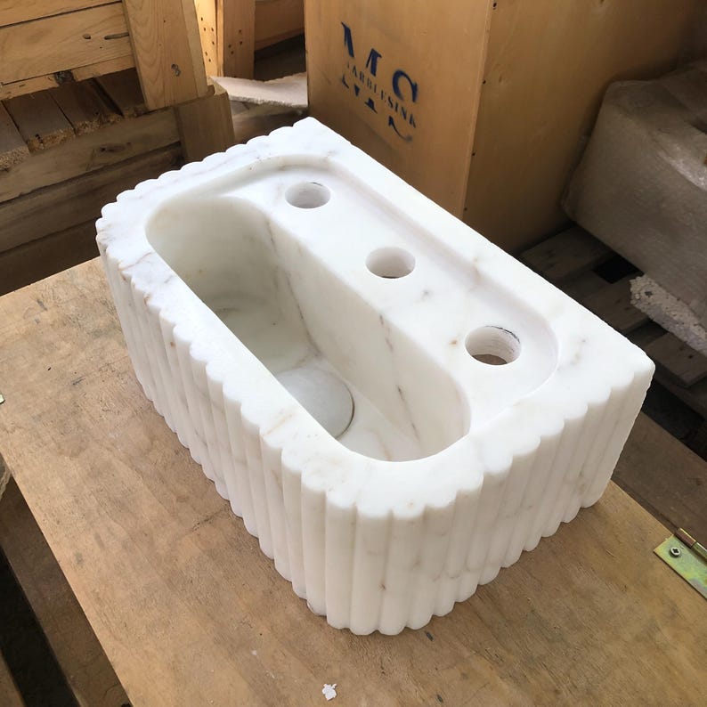 Handmade Fluted Calacatta Gold Marble Sink - Glossy White, Wall-Mounted or Countertop Bathroom Vanity, 35x22x15cm (13.8x8.7x5.9in)
