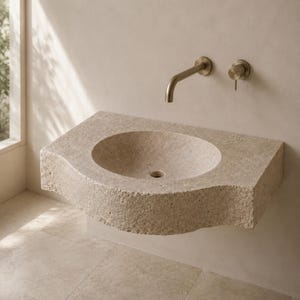 Real finished split-face beige travertine sink handcrafted with an oval bowl and sculptural curved front