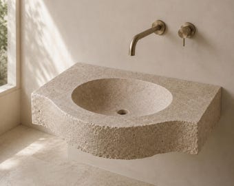 Lavabo mural de travertino, lavabo flotante artesanal de 75 cm (29,5 pulgadas) con acabado rústico.