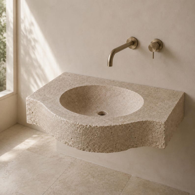Travertine Wall Mounted Sink, 29.5-Inch Handmade Split-Face Floating Basin