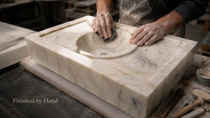 Handmade marble sink being shaped by a stone master in the workshop, with round basin detail, thick marble block and visible handcrafted finishing process