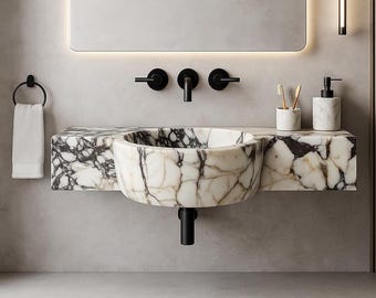 Lavabo de Calacatta Maciza Tallada – Lavabo de Piedra de Lujo Personalizable de 30,75″ – Tocador de Mármol Hecho a Mano