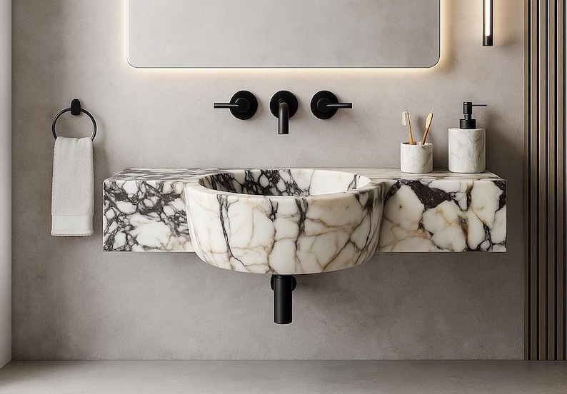 Solid Calacatta Carved Sink - 30.75" Customizable Luxury Stone Basin - Handmade Marble Vanity