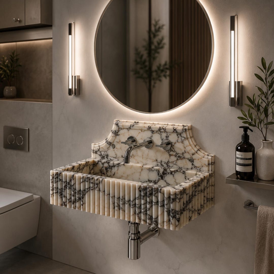Calacatta Viola Marble Wall Mount Sink, Handmade Luxury Stone Bathroom Sink with Backsplash, Floating Fluted Vanity, Custom Natural Basin