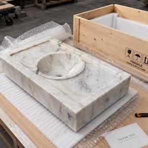 floating-marble-sink-luxury-bathroom-vanity.jpg Handmade Calacatta Gold marble sink protected with foam and bubble wrap beside a wooden crate for secure insured DHL worldwide shipping