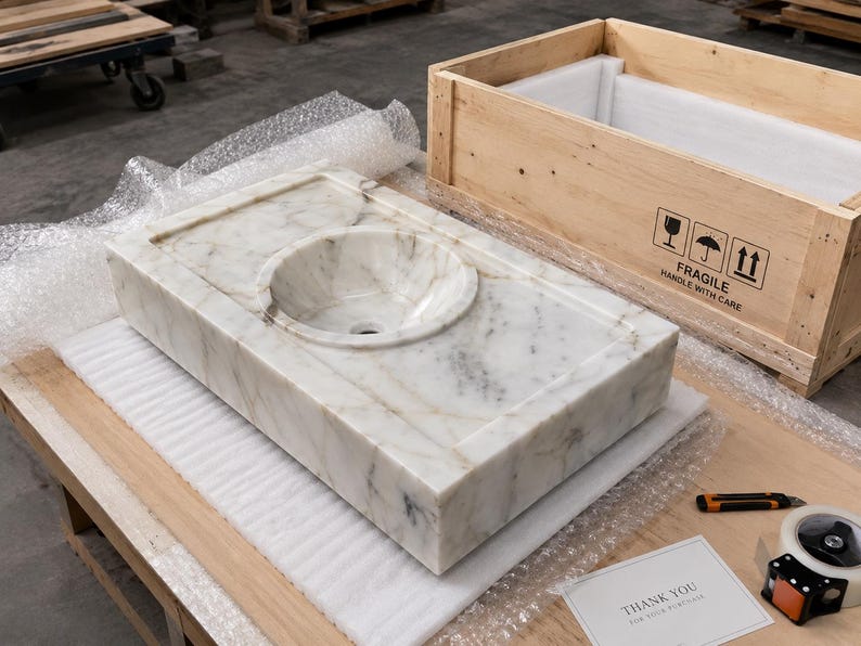 floating-marble-sink-luxury-bathroom-vanity.jpg Handmade Calacatta Gold marble sink protected with foam and bubble wrap beside a wooden crate for secure insured DHL worldwide shipping