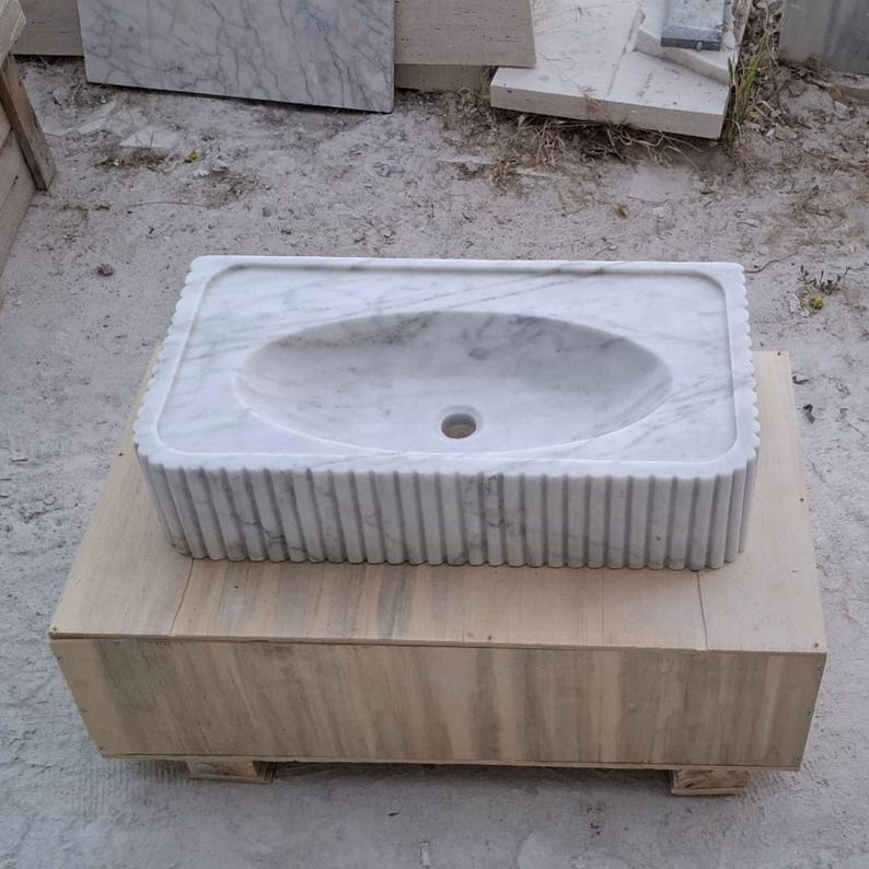 Carrara Marble Wall Mount Sink – Handmade Fluted Vanity Basin – Custom Floating Stone Sink – Modern Bathroom Vessel